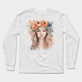 Watercolor Woman With Flowers In Hair Long Sleeve T-Shirt